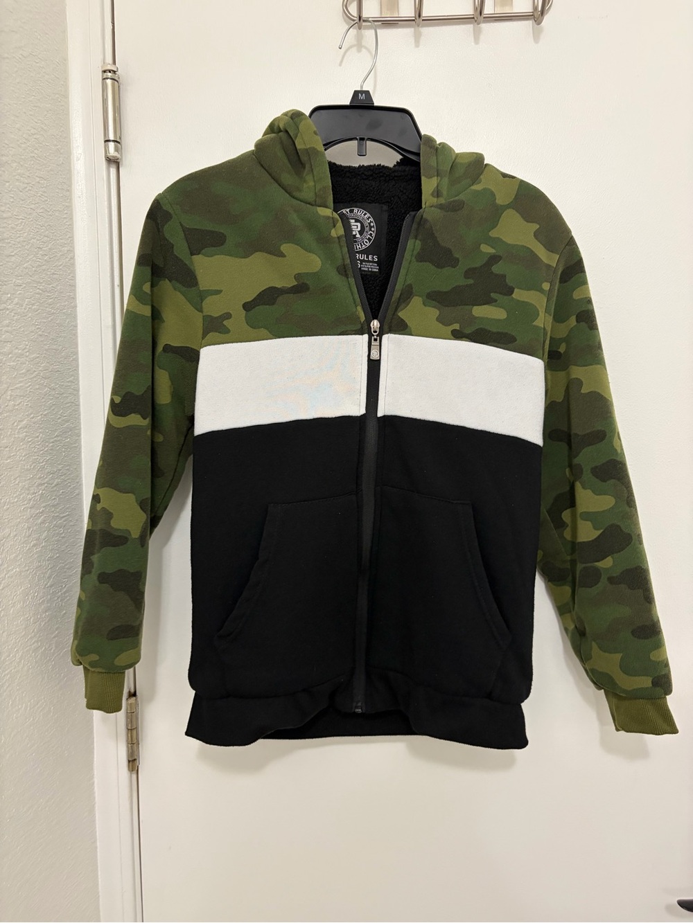 Camo Hooded Zip-Up Sweatshirt with White Chest Stripe